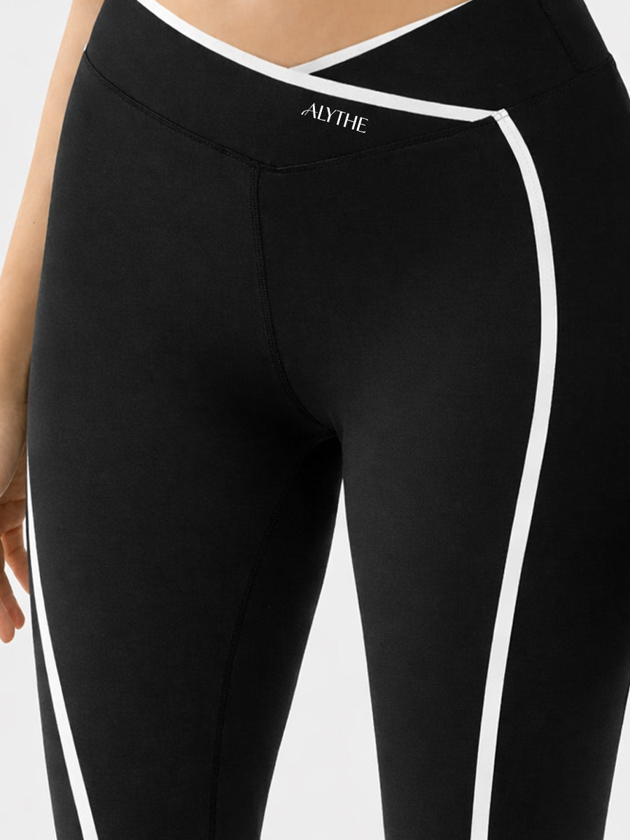 Crossover Waist Contrast Trim Leggings Black