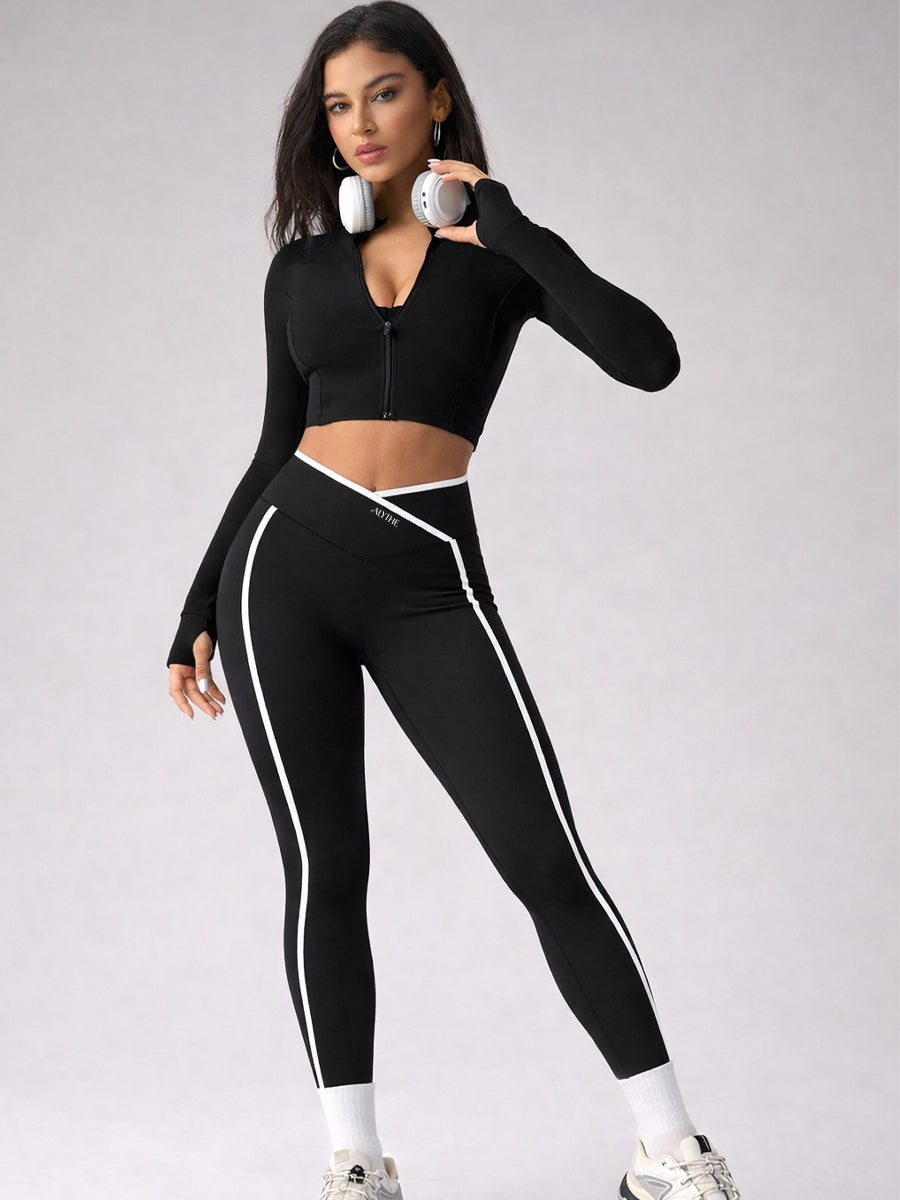 Crossover Waist Contrast Trim Leggings Black