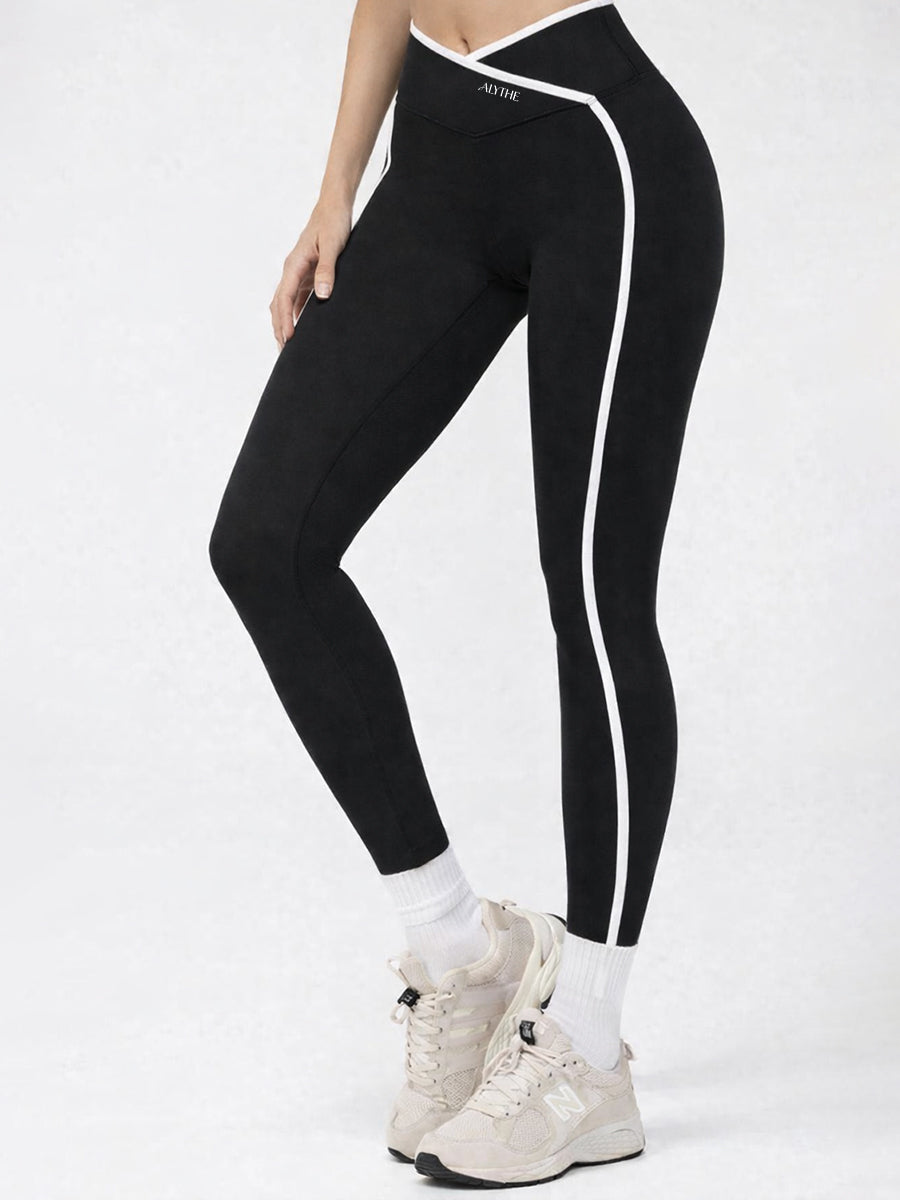 Crossover Waist Contrast Trim Leggings Black