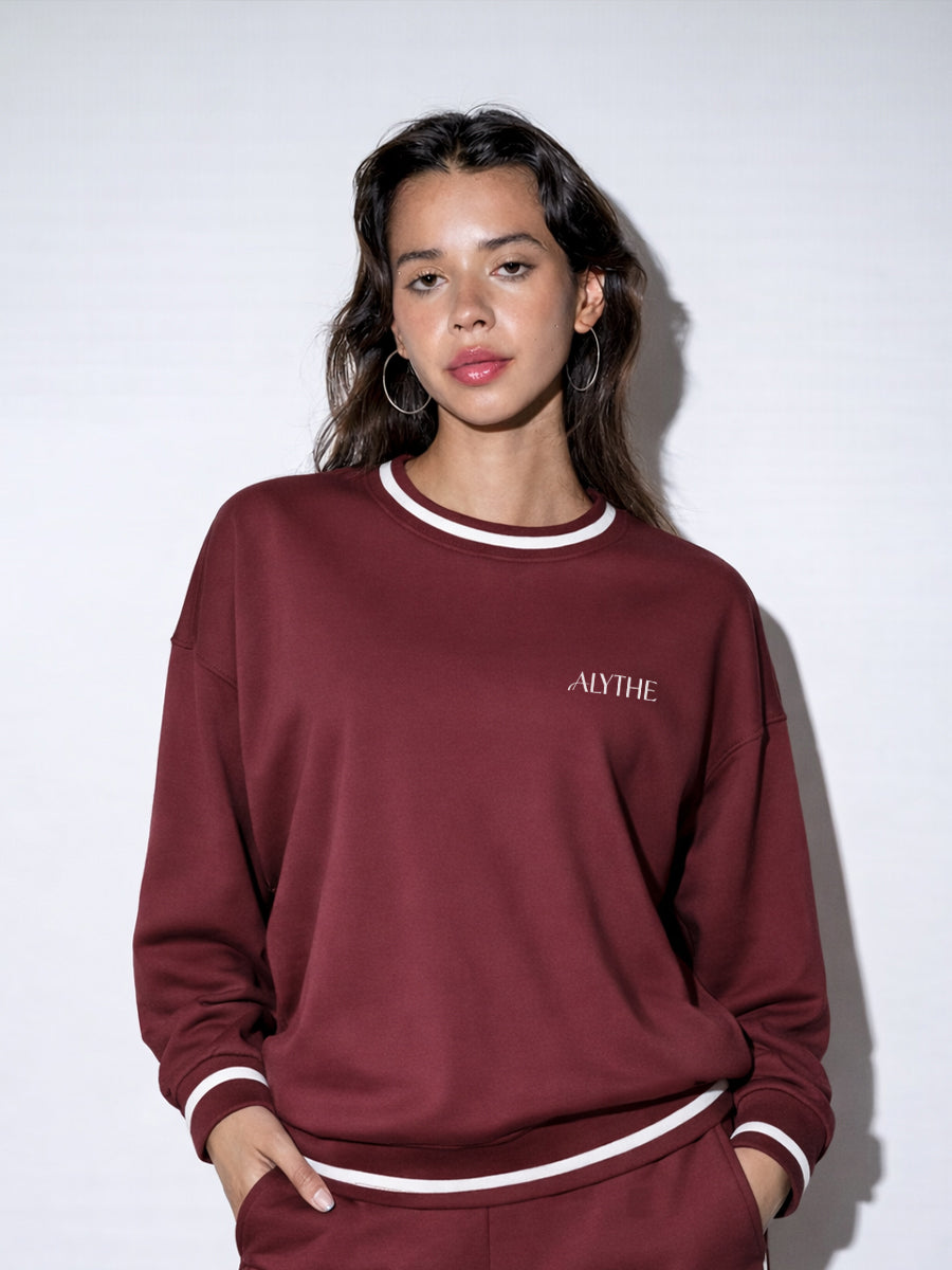Crew Neck Contrast Trim Sweatshirt Burnt Red