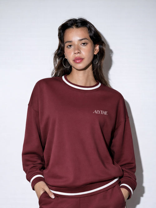 Crew Neck Contrast Trim Sweatshirt Burnt Red