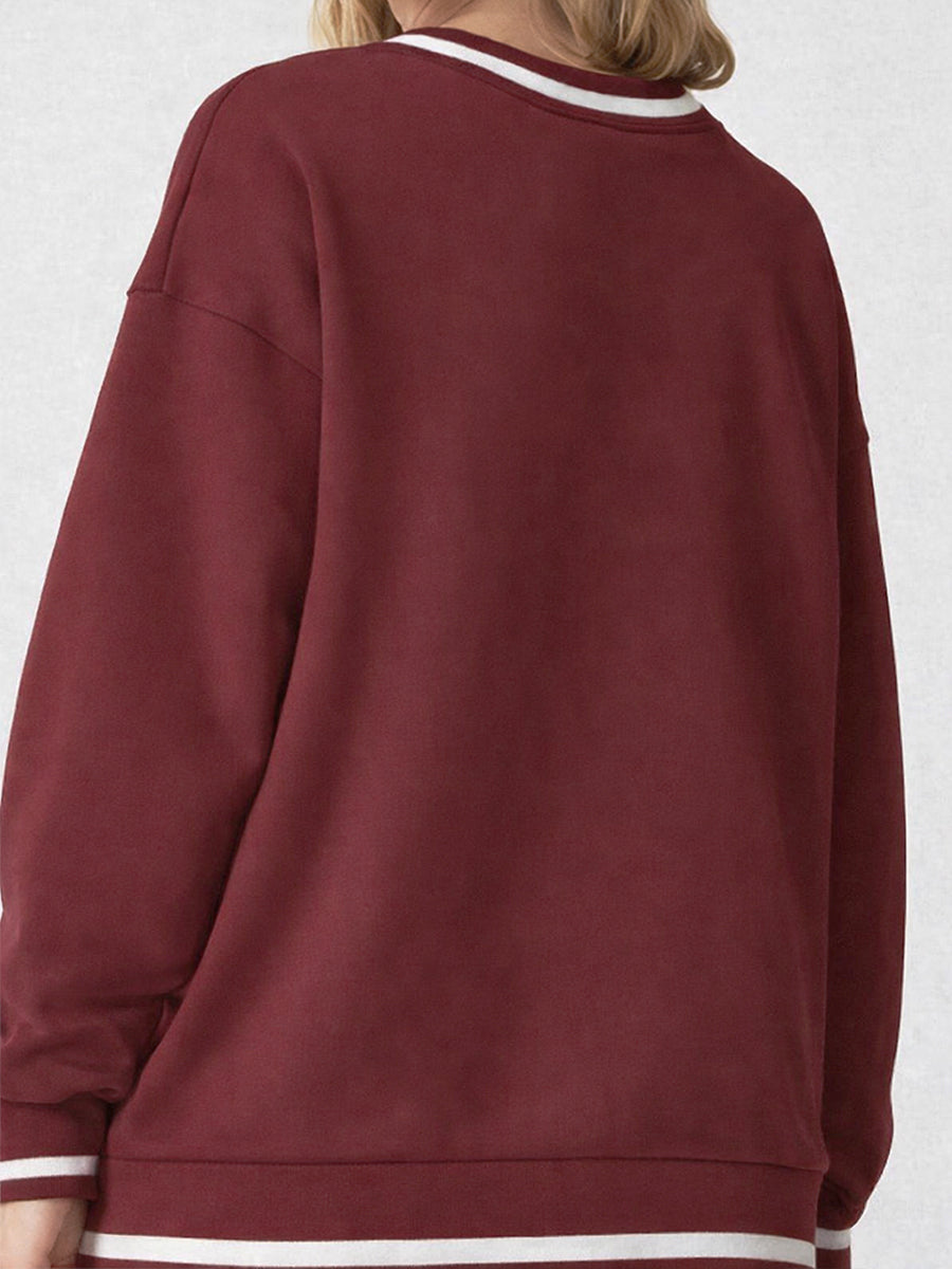 Crew Neck Contrast Trim Sweatshirt Burnt Red