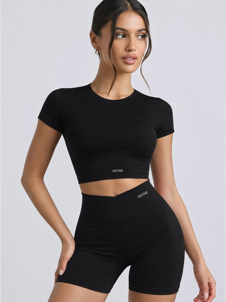 Short Sleeve Crop Top and High Waist Shorts Set Black