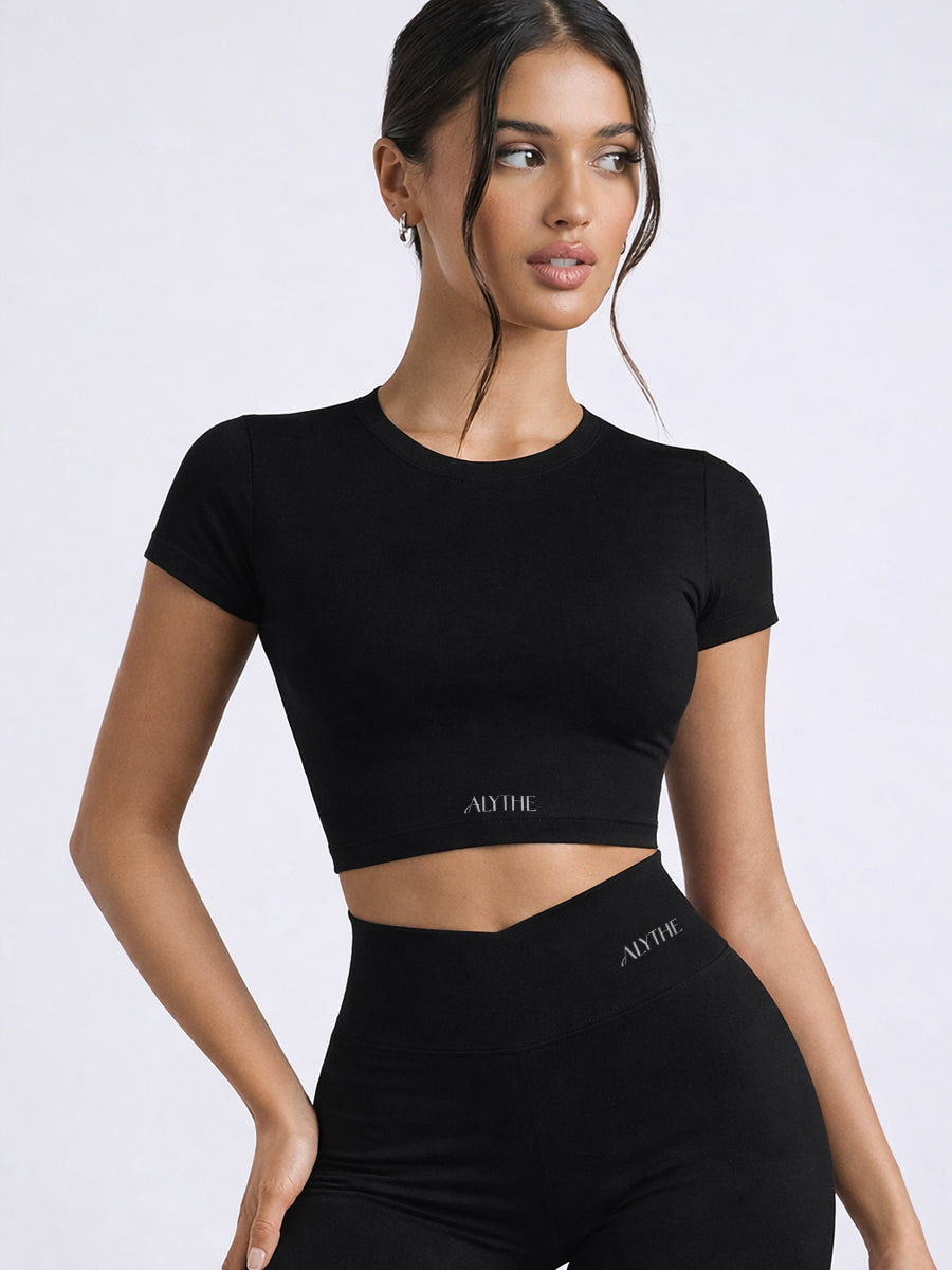 Short Sleeve Crop Top and High Waist Shorts Set Black