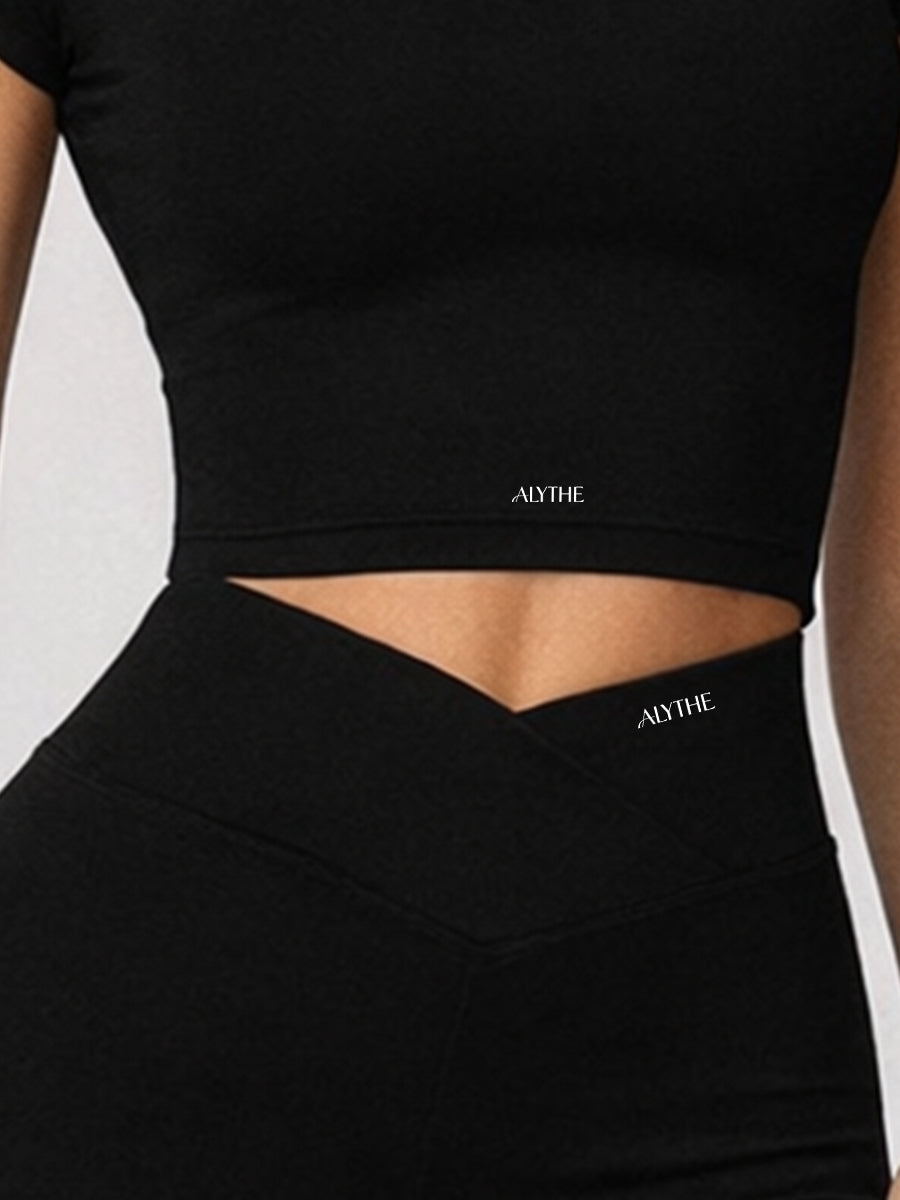 Short Sleeve Crop Top and High Waist Shorts Set Black