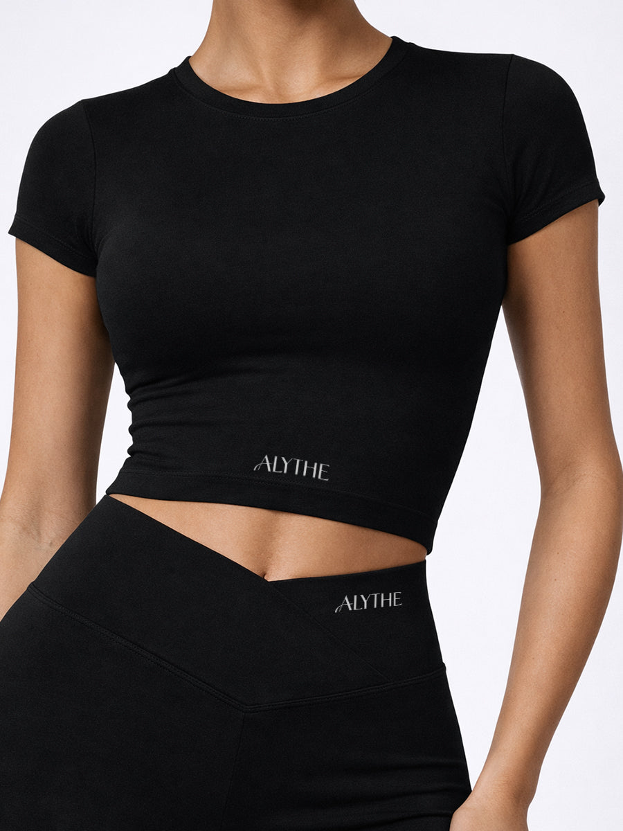 Short Sleeve Crop Top and High Waist Shorts Set Black