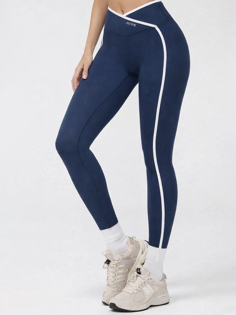 Crossover Waist Contrast Trim Leggings Blue