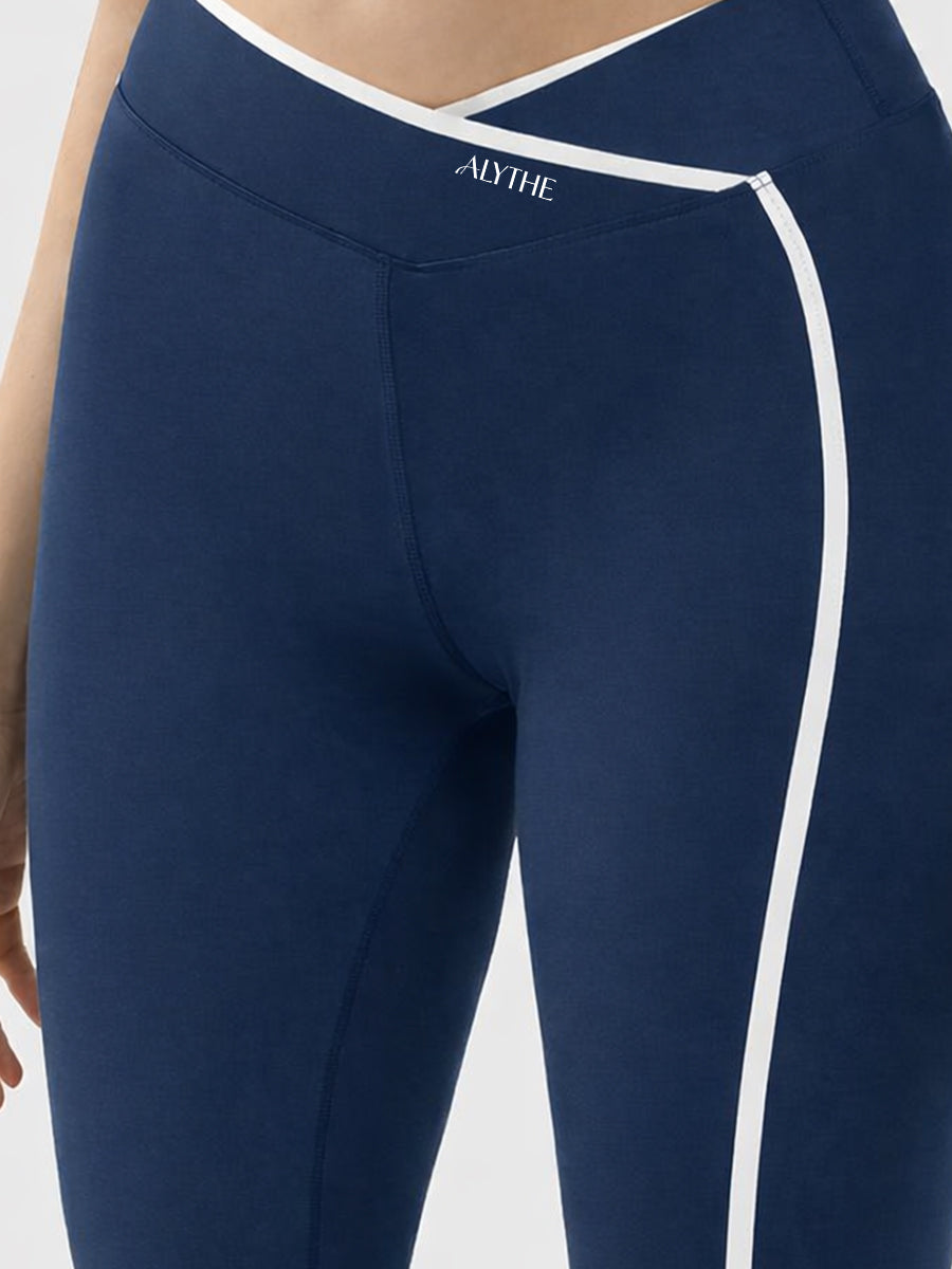 Crossover Waist Contrast Trim Leggings Blue