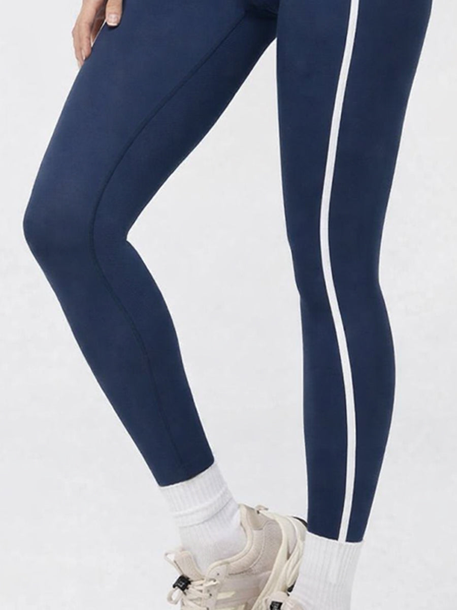 Crossover Waist Contrast Trim Leggings Blue