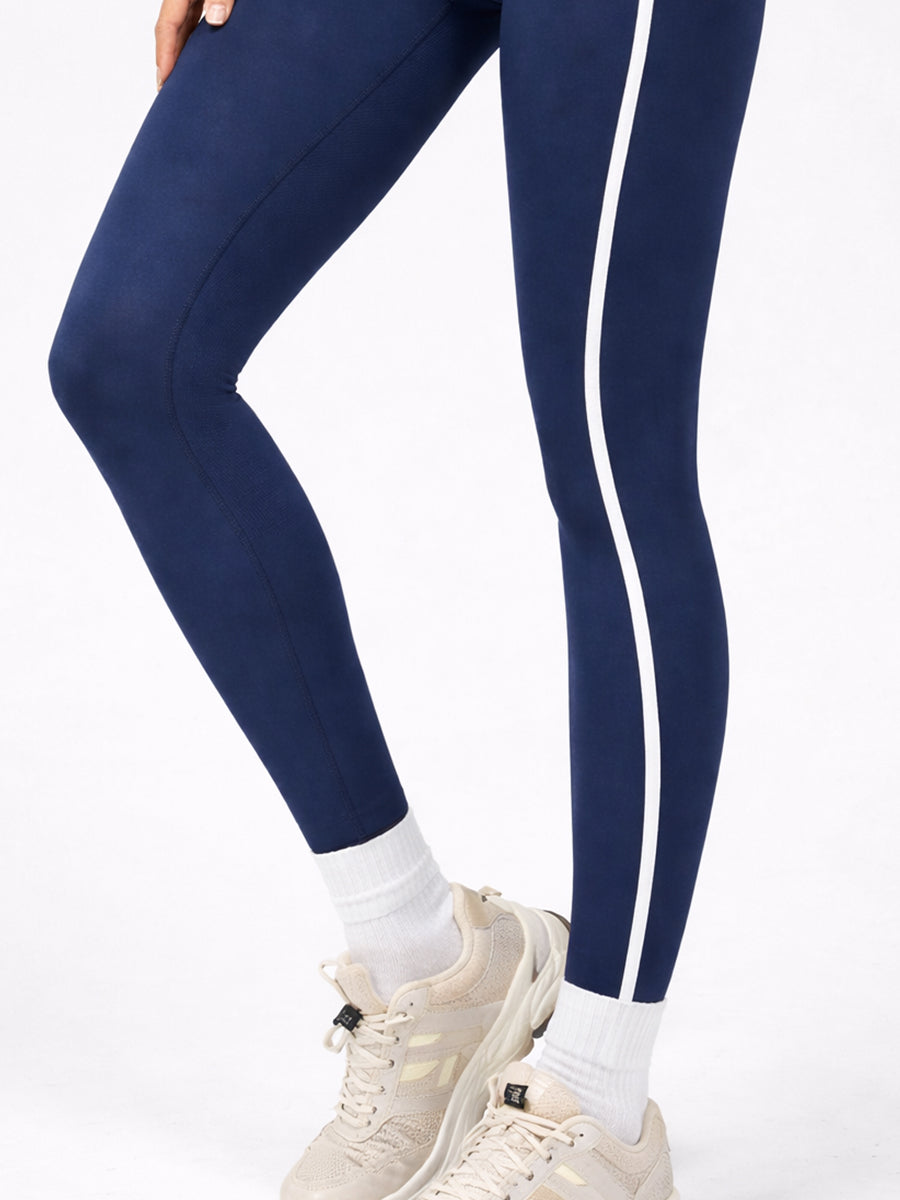 Crossover Waist Contrast Trim Leggings Blue