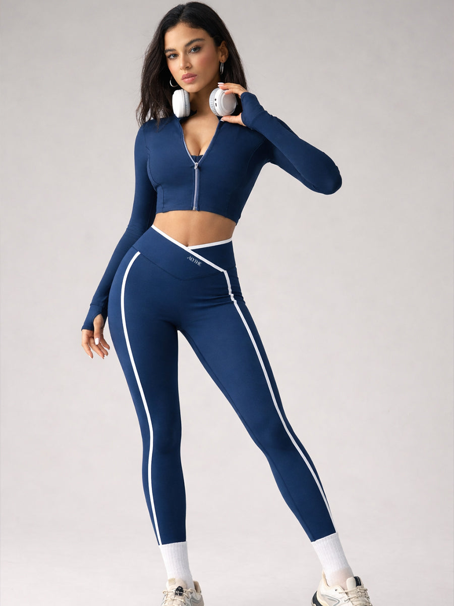 Crossover Waist Contrast Trim Leggings Blue