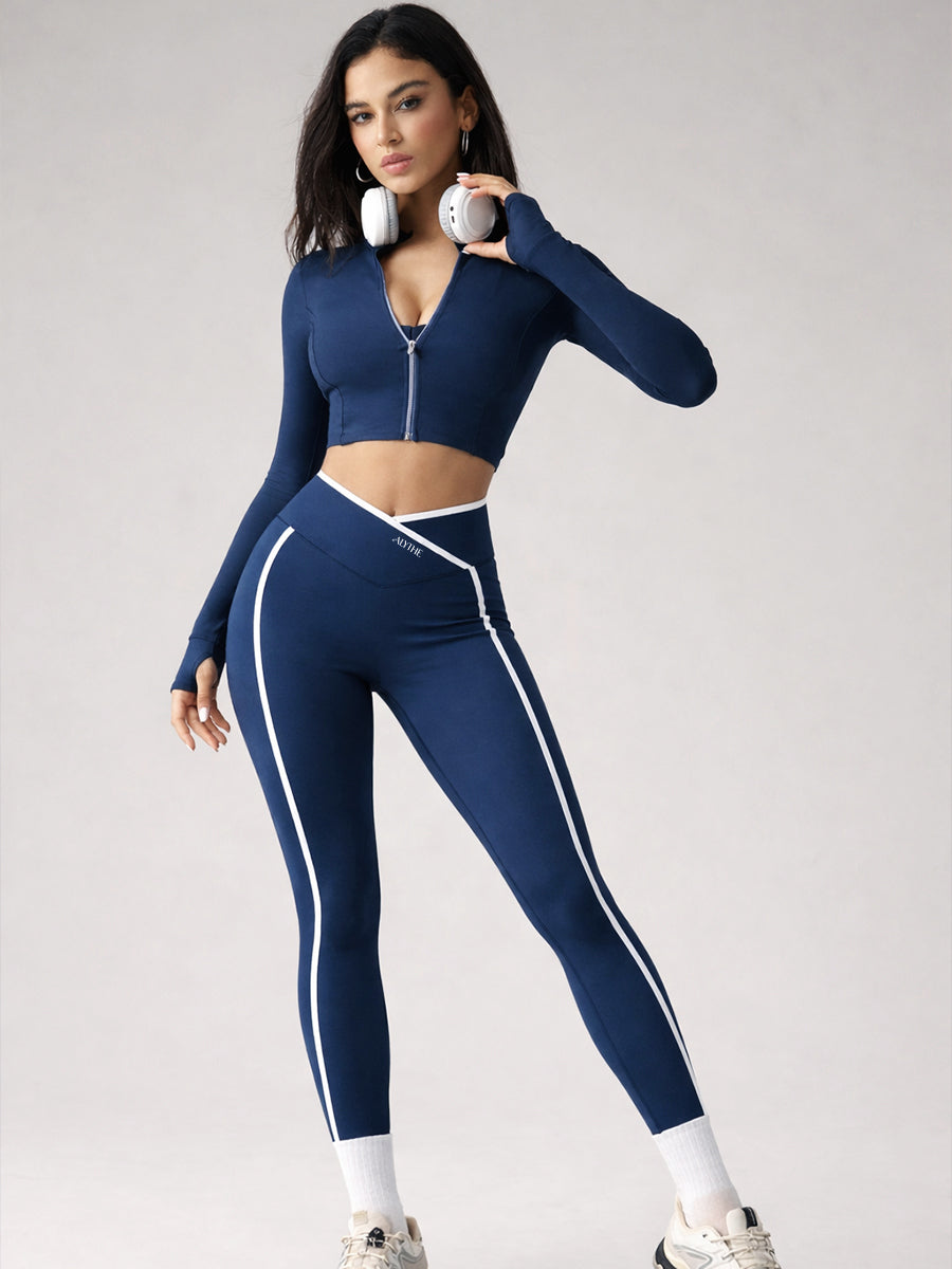 Crossover Waist Contrast Trim Leggings Blue